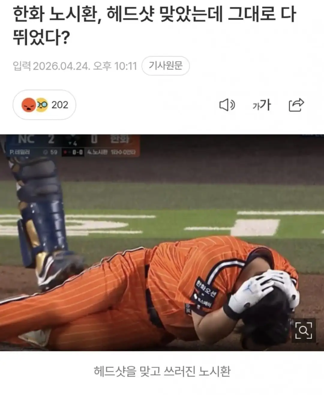 칰) 방금 NC 테일러 노시환 직구 헤드샷..gif